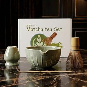 Matcha Tea Set – Japanese Tea Ceremony Set with 17 oz Handcrafted Matcha Bowl, Bamboo Whisk, Holder & Spout – 4 Pcs Gift Set for Matcha Lovers