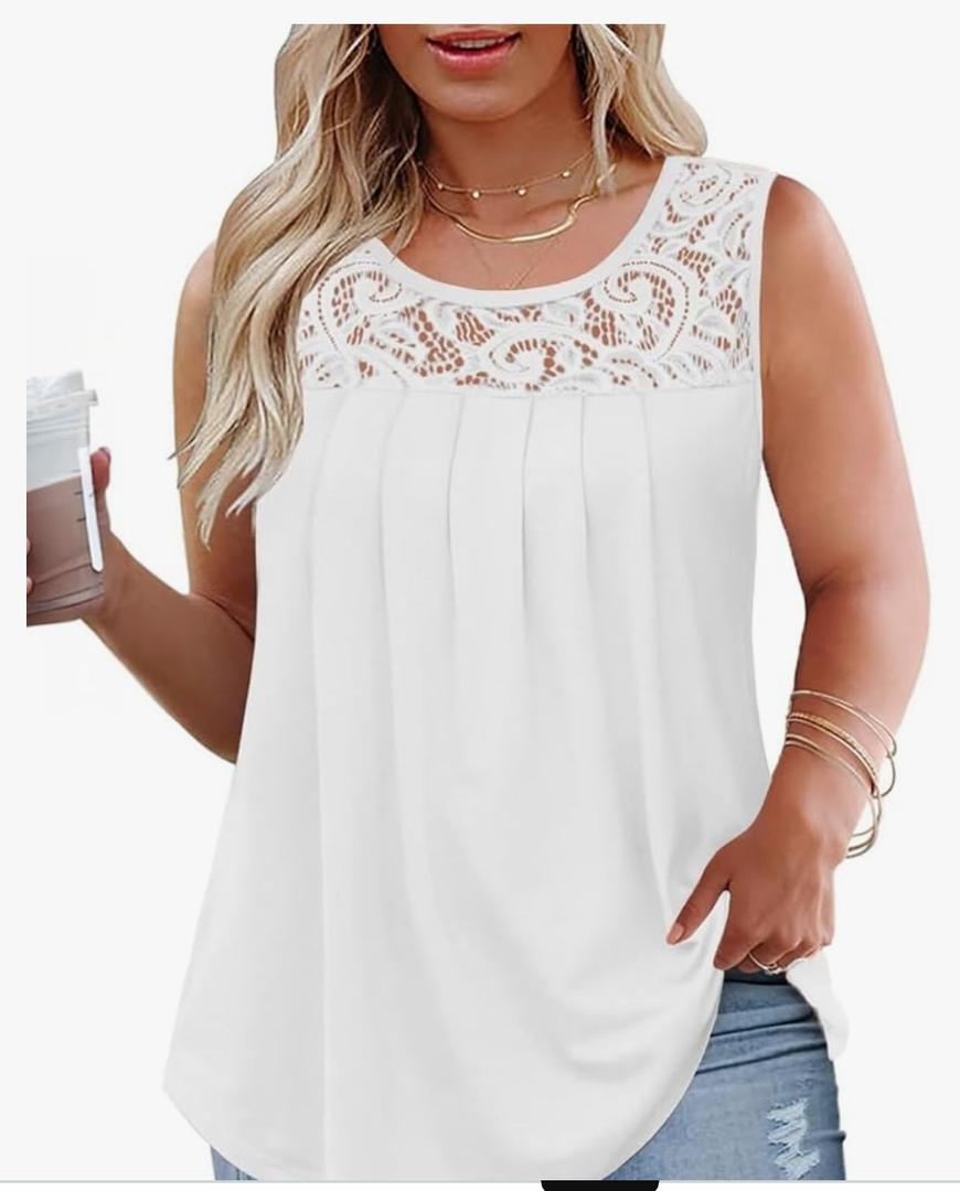 Womens-Plus-Size-Tank-Tops 2025 Casual Loose Fit Sleeveless T Shirts Flowy Pleated Lace Tunics Cute Blouses, 2XL