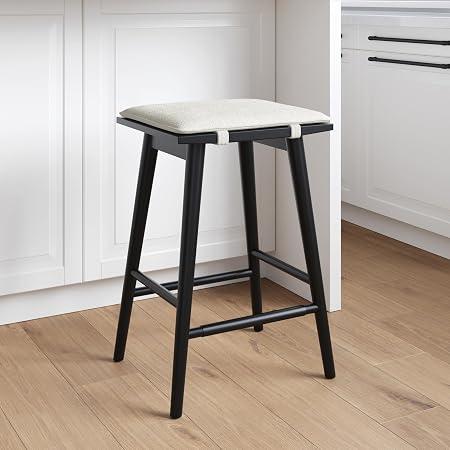 Nathan James Barker Counter Height Wood Barstool with Upholstered Cushion, Backless Island Stool for Kitchen, Black/White, Set of 1