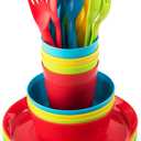 Plaskidy Kids Dinnerware Set for 4-24 Piece Plastic Childrens Dishes Dinnerware Sets Microwave/Dishwasher Safe BPA Free - Toddler Dinner Set Includes Kids Plates and Bowls Kids Cups Flatware Set