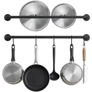 Black Steel-made Kitchen Utensil Rack Organizer Wall-mounted Pot Pan Wall Hanger Holder For Hanging Rail with 10 S Hooks