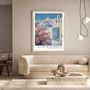 2 x Natural Oak Tropical Island Frame Wall Art, 12x16inch White and Blue Architectural Pink Flower Canvas Wall Printed Matter, Classic City Landmark Wall Decoration Office Bedroom Living Room