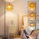 ILLMTW Rattan Floor Lamp for Living Room Bedroom Boho Arc Standing Lamp with Remote Dimmable Black Farmhouse Wicker Bamboo Lamp Shade Floor Light Tall Lamp Industrial Floor Lamps Bohemian Decor