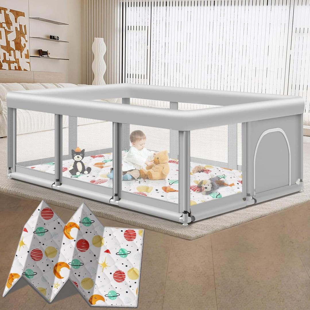 Large Baby Playpen with Mat, 74" 50", Large Play Yards Indoor & Outdoor, Sturdy Safety Baby Play Pen with Soft Breathable Mesh, Toddlers Play Pen with Anti-Slip Base, Mat Included (Grey + Animals Mat)