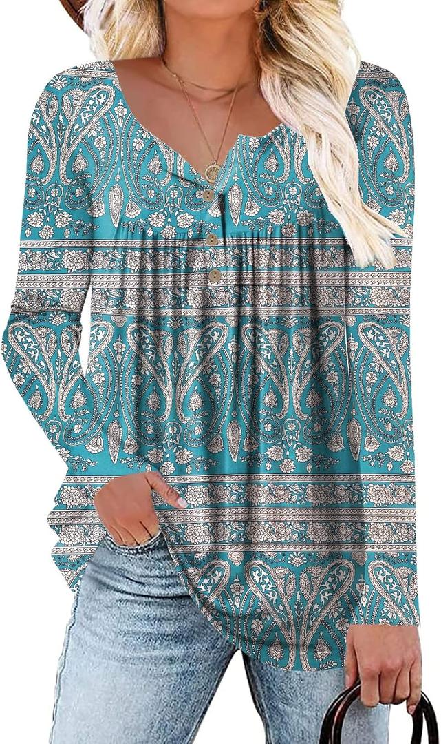 Women's-Tops-Long-Sleeve Henley Shirts V Neck Blouses Buttons Up Tunics Flowy Pleated Blouses (Medium, 02_floral)