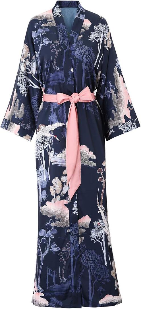 Women's Long Kimono Robe Floral Silk Robe Satin Silky Bathrobe Sleepwear Bridesmaid Wedding Robes (09 Navy-crane)