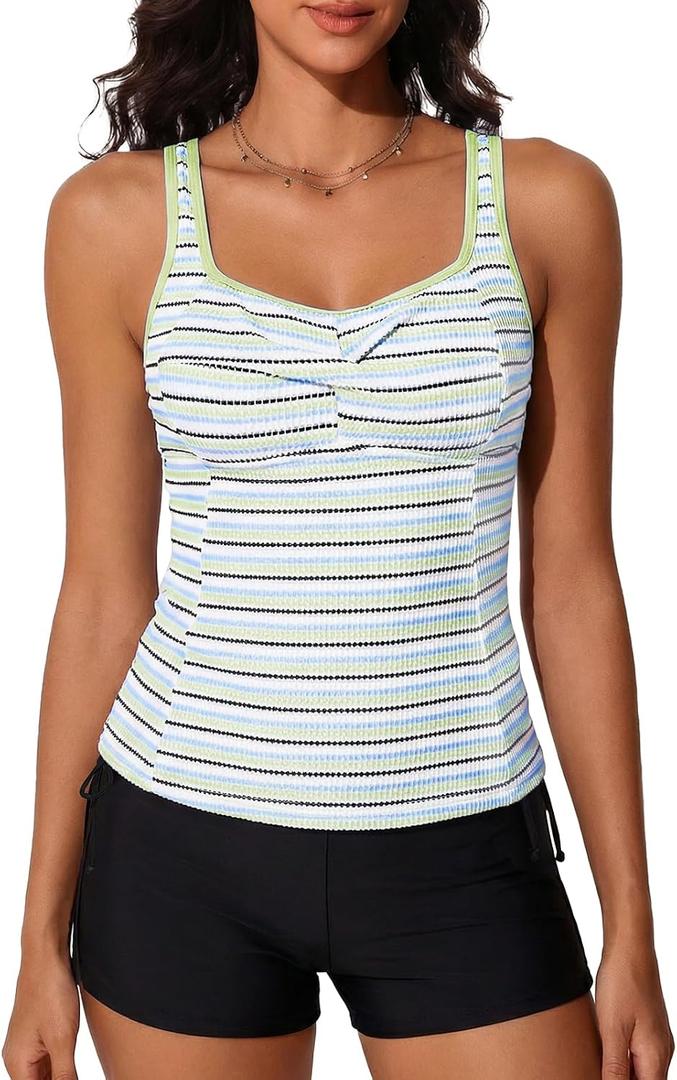 Summer Mae Tankini Swimsutis for Women 2026 Two Piece Tummy Control Bathing Suits Shirred Striped Twist-Front Swim Suits (Green)
