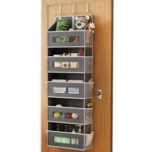 5 Tier Over The Door Organizer - Large Capacity Behind Door Hanging Shelves with 10 Mesh Pockets and Clear Windows, Closet Organizers and Storage for Bathroom, Bedroom, Nursery, Grey
