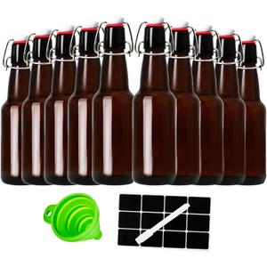 12oz Amber Glass Beer Bottles with Flip Top Airtight Lids, 10 Pack Swinging Top Home Brewing Bottles for Kombucha, Vanilla Extract, Kefir, Juice, Wine, Fermentation