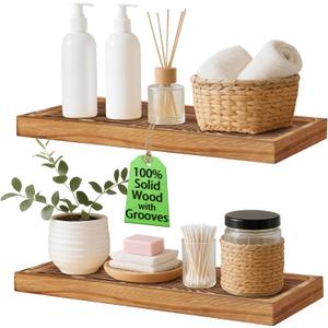 Solid Wood Floating Shelves Bathroom 16 inch Rustic Wall Wood Display Shelves with Grooves Set of 2 Home Decor for Living Room Bedroom Kitchen Farmhouse 16x6.7 inch - Brown