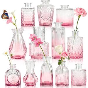Der Rose Pink Vases Set of 12, Small Bud Vases for Flowers, Rustic Wedding Centerpieces and Home Decor