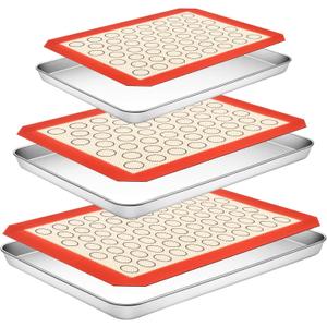 Baking Sheet with Silicone Baking Mat Set, CEKEE Stainless Steel Baking Sheet Pan Tray, Cookie Sheets for Baking, 6PCS Baking Supplies Bakeware Sets for Oven Making Cookies, Macaroons, Bread (9+12+16 Inch)
