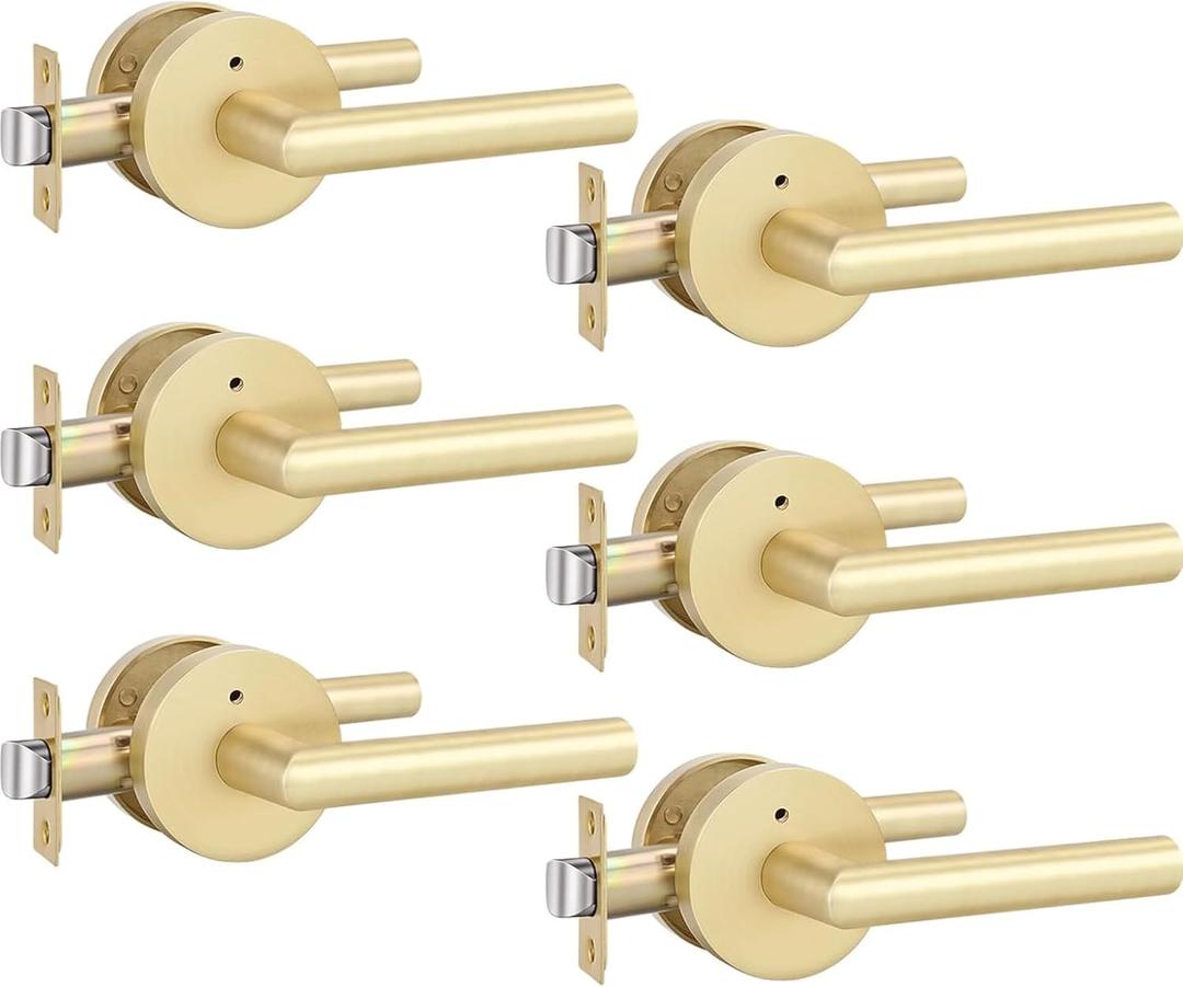 Goldenwarm Gold Door Handles Interior, Privacy Brushed Gold Interior Door Handles, Heavy Duty Zinc Alloy Brushed Brass Door Lever for Bedroom and Bathroom (6 Pack)