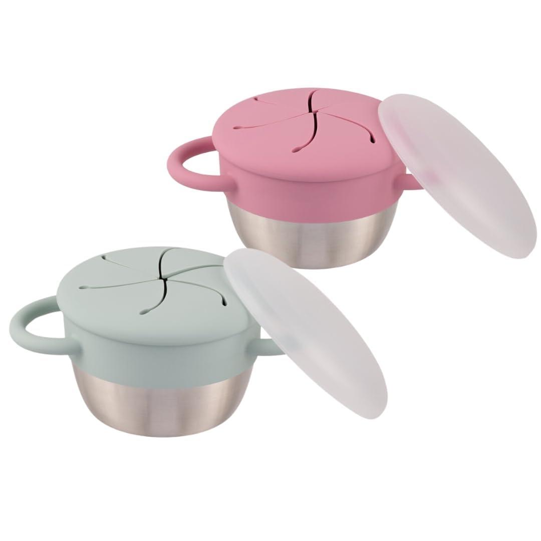 Elk and Friends Stainless Steel Snack Cups | Removable Silicone Food Catcher and Travel Lid | Spill-Proof Snack Containers for Baby, Toddler, Kids | Dishwasher Safe | 2 Pack (Blush/Sage)