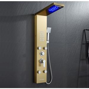 POPFLY Shower Panel Tower System, LED Rainfall & Waterfall Shower Head with Body Jets, Handheld Shower & Tub Spout, Golden Stainless Steel Wall-Mounted Bathroom Shower Column Tower