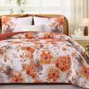 Luxudecor Floral Quilt Set King Size - 3 Pieces Orange Watercolor Botanical Bedspread Coverlet Set with 2 Pillowcases, Lightweight Soft Bedding Set for All Seasons 108"x92"