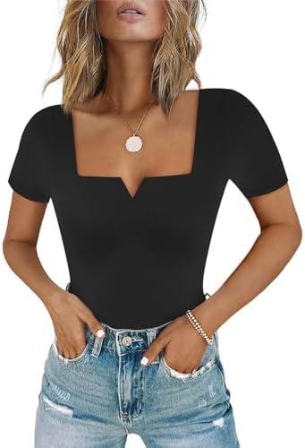 Chunpin Women's Square Neck Notch V Neck Bodysuit Short Sleeve Long Sleeve Tops Outfits Thong Bodysuits Going Out, S