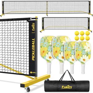 Fostoy Portable Pickleball Net Set with Wheels  Complete Family Backyard Kit with 4 Fiberglass Paddles, 6 Balls & Carry Bag  Easy Setup for Driveway, Garage, Kids & Adults