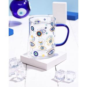 Nefelibata Evil Eye Glass Coffee Cup with Handle 16oz Glass Can for Hot/Cold Beverages Cappuccino Latte Espresso Beer Hamsa Blue Evil Eye for Protection Tumbler Mug Heat-Resistant and Freezer Safe
