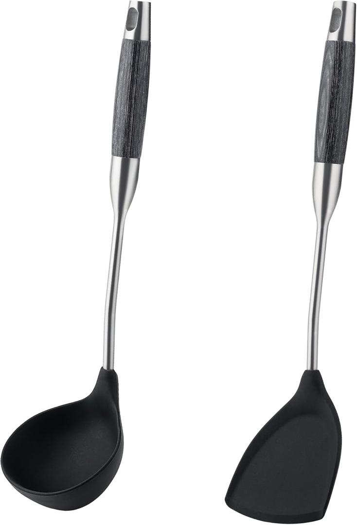 2 x FJNATINH Silicone Wok Spatula and Ladle Set - Stainless Steel Wok Tools, Wok Utensil,Non Stick Heat-Resistant Cooking Utensils BPA Free Kitchen Utensils Cookware (Black Stainless Steel-2PCS)