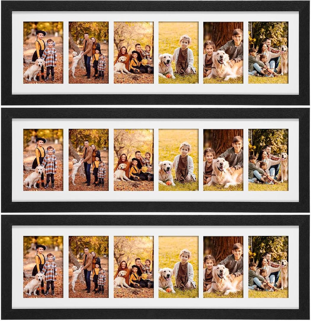 Chunful 3 Pcs 28x9 inch Picture Frame Display 6 opening 4X6 Picture Frame Collage Multiple with Mat Wall Tabletop Decor Wood Grain