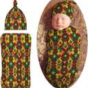 Ethnic African Cloth Pattern Newborn Swaddle Blankets Hat Sets Soft Baby Receiving Blanket Swaddle Sack for Baby Shower Infant Boy Girl Gift