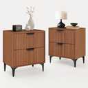 SUNWAVE Walnut Fluted Nightstand Set of 2, Modern Night Stands with 2 Drawers, Bedside Table for Twin/Full/Queen Bed, End Table with Robot-Friendly Metal Legs for Bedroom, Living Room