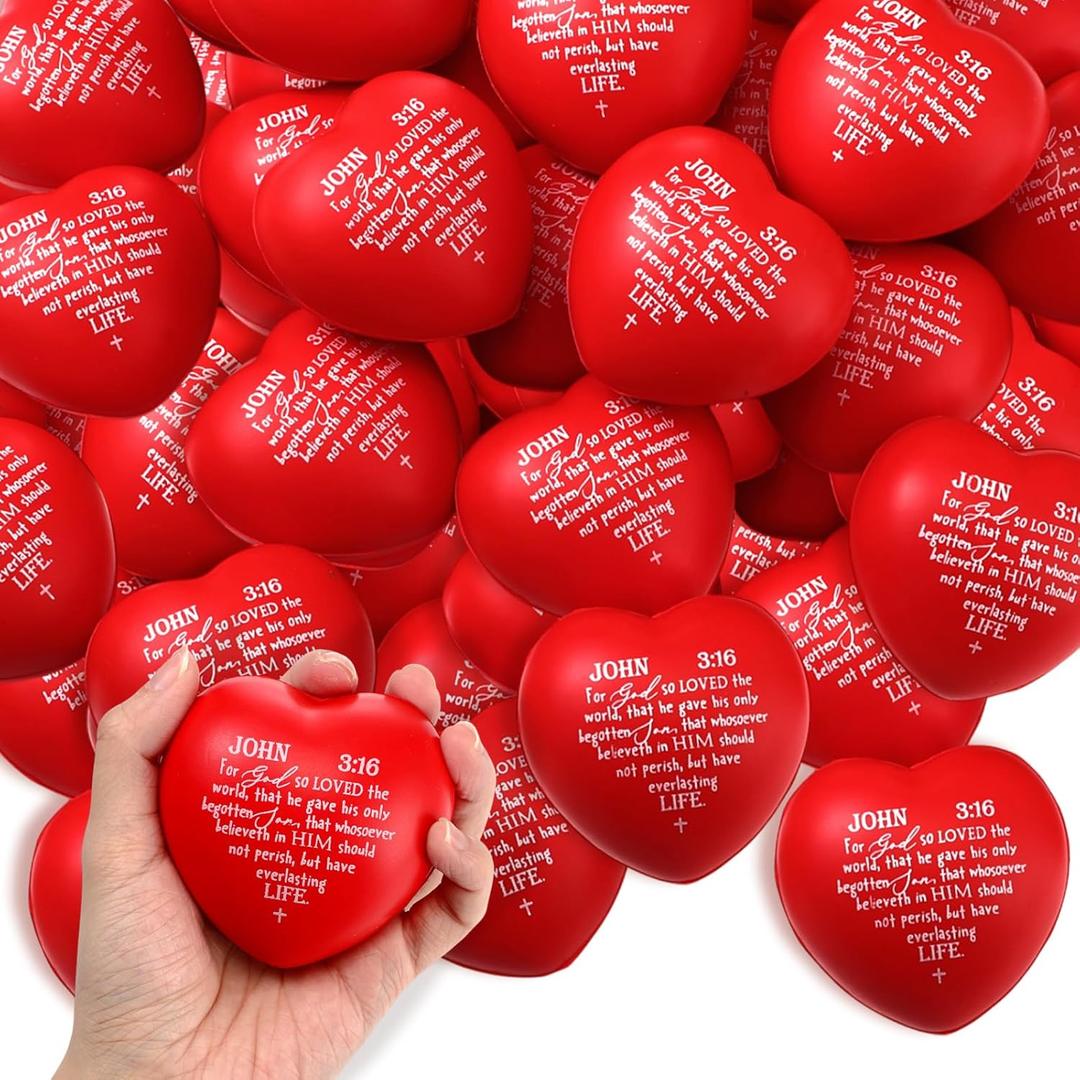 Meooeck 48 Pcs Christian Heart Stress Balls Bulk John 3:16 Bible Verse Squeeze Toys Religious Gifts for Church Sunday School Baptism Communion Encouragement (Red)