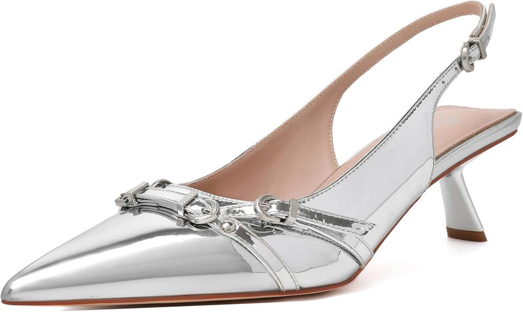 Mostrin Kitten Heels for Women Pointed Toe Pumps Patent Leather Low Heel Slingback Heels with Buckle Dress Shoes for Dating Party Working (8, Silver)