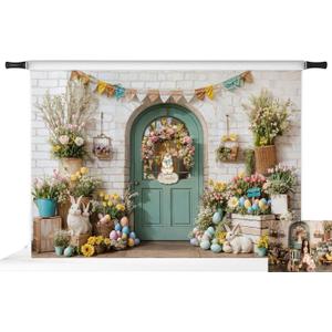 Kate Easter Photo Backdrops White Brick Wall Rabbit Eggs Background Door Party Banner Props, 7x5ft