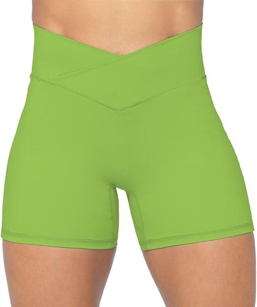 Sunzel Crossover Biker Shorts for Women, No Front Seam V High Waist Yoga Workout Gym Shorts with Tummy Control (Medium, Green)