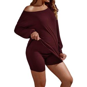 WDIRARA Women's 2 Piece Outfits Ribbed Short Sleeve Drop Shoulder Tee and Shorts Set Maternity Medium, Maternity Maroon