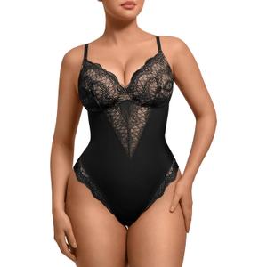 FeelinGirl Womens Body Suits Shapewear Tummy Control Backless Thong Body Shaper V Neck Compression Lace Bodysuit Tops (X-Large, Black)