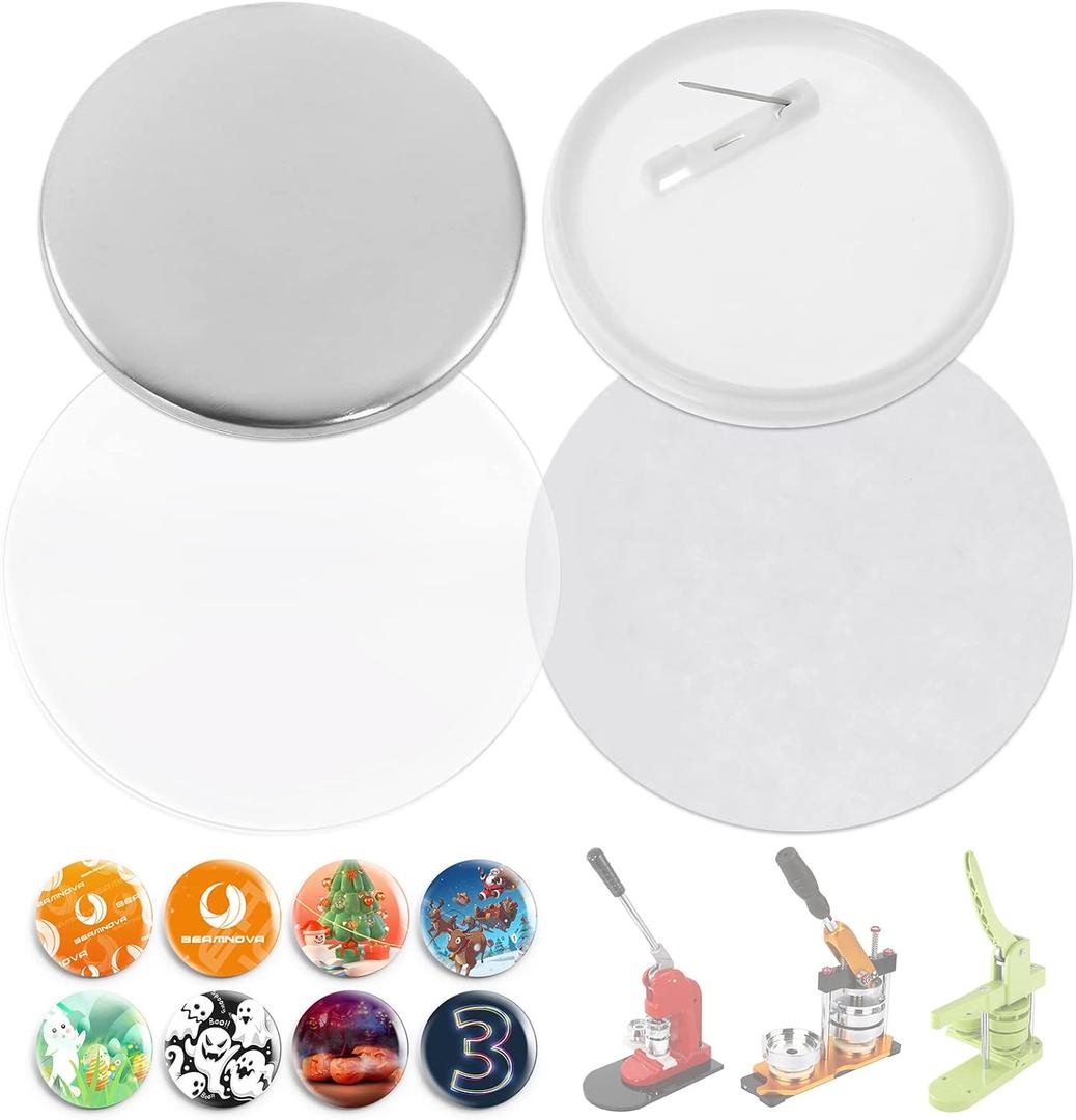 BEAMNOVA 200 Sets of Button Parts Supplies 75mm 2.95 in (Approx. 3 inch) for Button Maker Machine Round Pin Maker, Every Set Includes Tinplate Top, Plastic Clip Bottom & Plastic Film