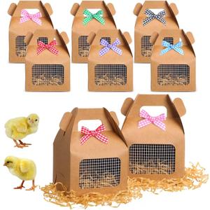 Maitys 12 Pcs Easter Chicken Party Favor Boxes Easter Foldable Chicken Box with Raffia Grass Bowknot Paper Straw Farm Animal Gift Treat Goodie Boxes Decor for Adopt Chick Party Birthday (Classic Style)