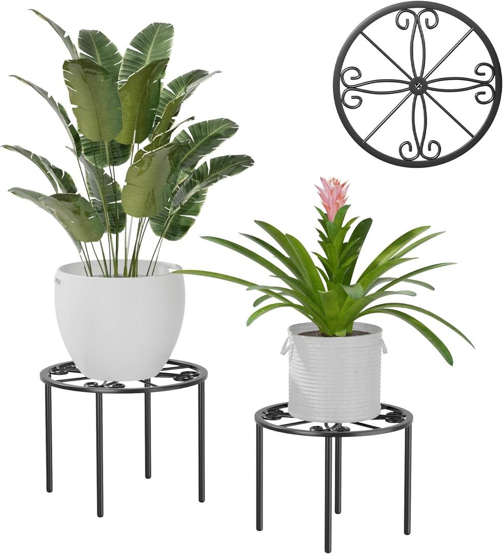 Plant Stand Indoor 2-Pack Metal Plant Pot Holders Plant Rack Plant Riser Plant Shelf 10.2''+11.4'' Accessories For Living Room Balcony Round Black