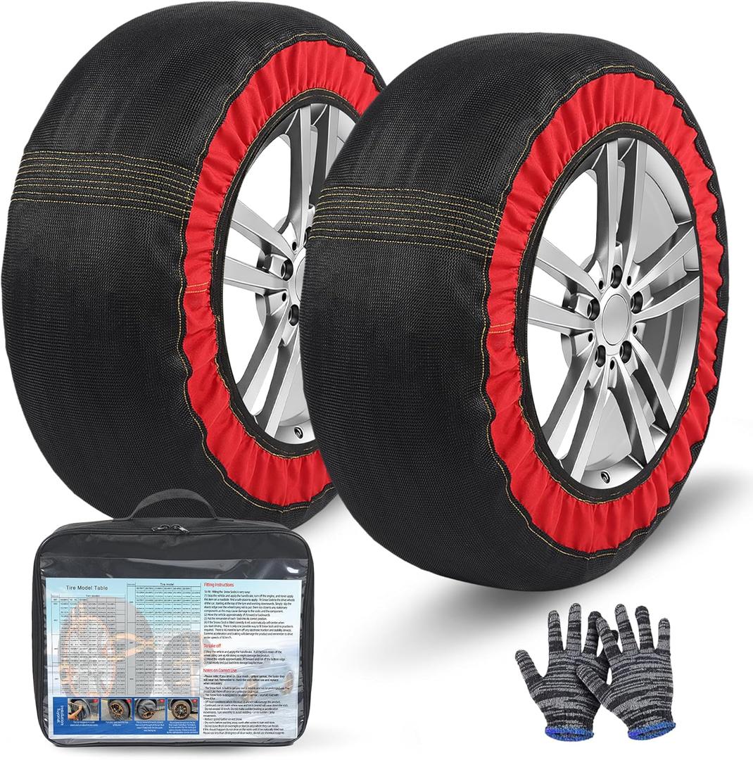 Automotive Snow Socks for Tire Red M Textile Snow Chains Fabric Car Chains, 2 Pairs of Gloves, Winter Accessories SUV Trucks Pickup Winter Emergency EN 16662-1:2020 Standard