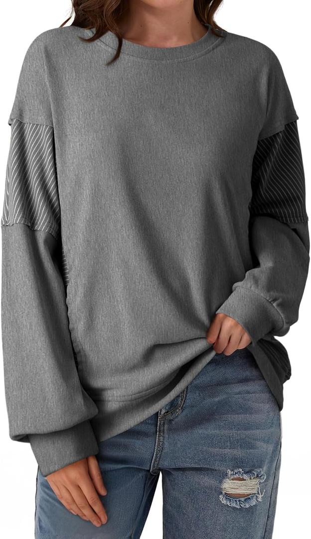 Dokotoo Oversized Crewneck Sweatshirt for Women Long Sleeve Soft Knit Tops Striped Contrast Tunic Shirts Fall Winter Clothes (Gray, M)