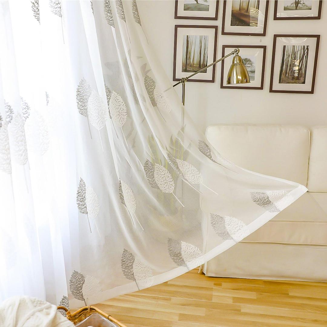 White Rod Pocket Sheer Curtains 96 inches Long Leaves Embroidered Window Curtain Sheer Voile Panels for Living Room & Bedroom, 60x96, Set of 2
