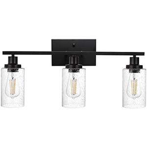 WINSHEN Wall Sconce Lighting 3-Light Matte Black Bathroom Vanity Light Fixtures Farmhouse Wall Lamp with Seeded Glass for Kitchen Living Room Mirror
