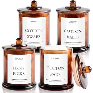 LEORAY 4 Pack Glass Qtip Holder Dispenser with Lids, Airtight Waterproof, 16 Oz Vanity Organizer Bathroom Canisters for Cotton Swabs, Balls, Pads, Floss Picks, Restroom Kitchen Storage Jars, Amber