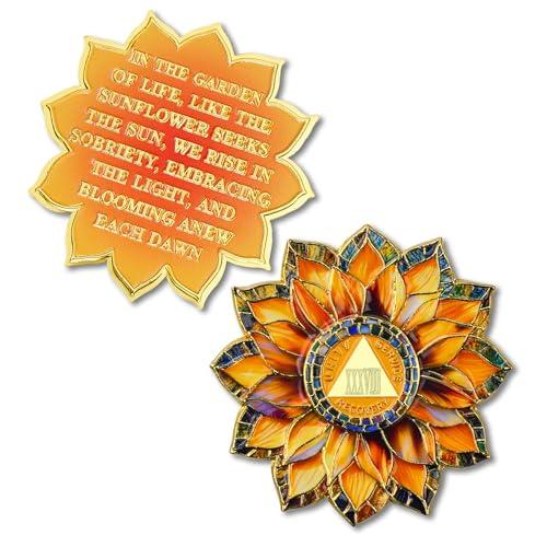 Sunflower 38 Year Sobriety Coin - Colorful Glass Broken and Rebuilt AA Coins - 30 Year Addiction NA AA Chips and Medallions - 1-40 Prime Celebrate Living Clean Alcoholics Anonymous Gifts for Men Women