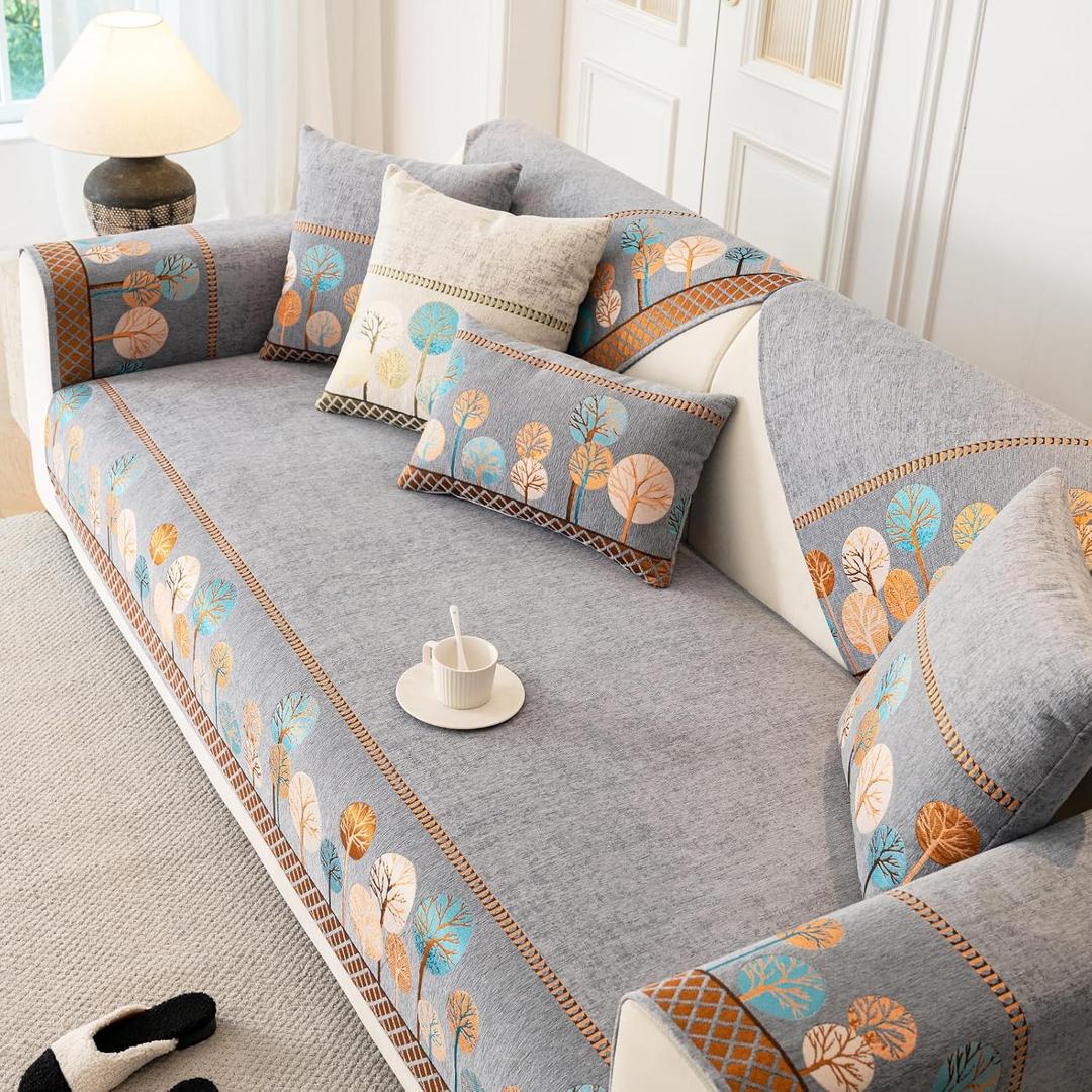 Boho Couch Cover, Non Slip Washable Sofa Covers, Chenille Couch Covers Quilted, Bohemian Sofa Slipcovers, Furniture Protector for L Shaped(Grey,36"x63"/Loveseat Sofa Cover)