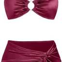 Ruched 3 Piece Swimsuits for Women Ribbed Velvet Bikini Sets with Sarong Coverup Metal Ring Bathing Suit (Red, L)