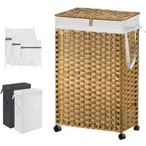 88L Slim Laundry Hamper with Wheels, 23.3 Gallon Rolling Laundry Basket with Lid, Tall and Narrow Laundry Hamper with 2 Removable Liner & 3 Mesh Laundry Bags, Laundry Sorter for Bathroom, Natural