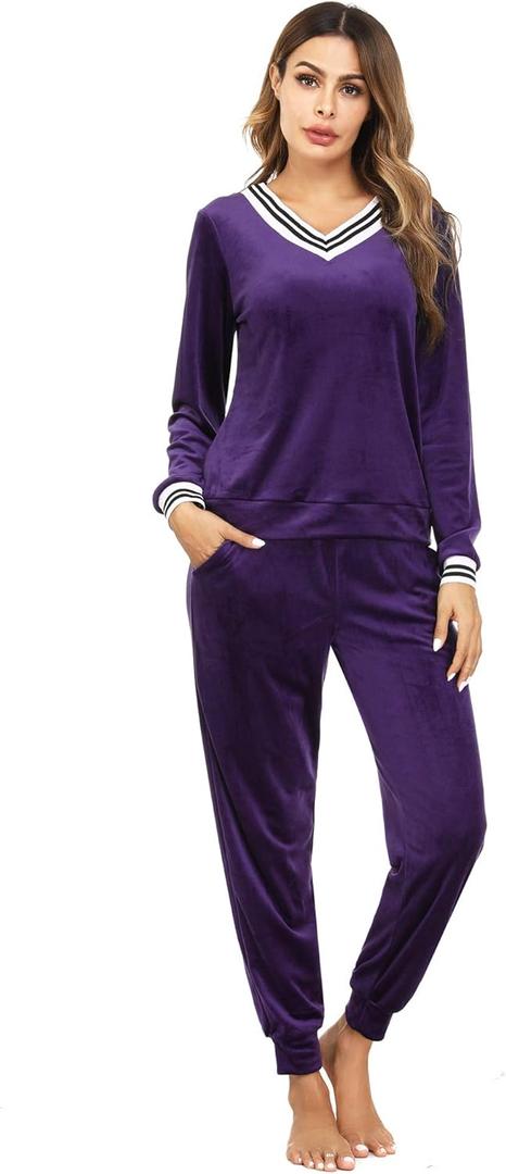 Irevial Women's Striped V Neck Velour Tracksuit Two Piece Sweatsuits Sets with Pocket (Small, Purple)