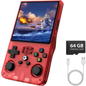R36MAX Retro Gaming Console, Retro Handheld Games Console with 64GB TF Card, Portable Hand Held Open Source Linux System, 4.0 inch IPS HD Screen Video Game Consoles, 4000mAh Battery,Transparent Red