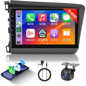 Hodozzy 4G+64G 8 Core Android Car Stereo for Honda Civic 2012 2013 2014 2015 Radio with Carplay Android Auto, 9 Inch IPS Touch Screen Car Radio with GPS, Bluetooth,WiFi,Mirror Link,FM,Backup Camera