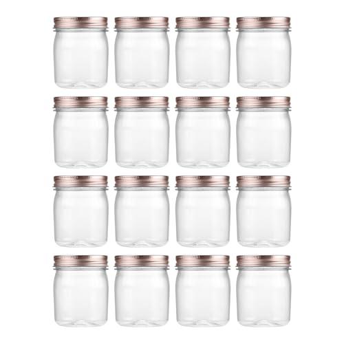 novelinks 8 oz Clear Plastic Jars with Airtight Lids, 16 Pack Plastic Mason Jars with Lids 8oz, Refillable Storage Slime Containers & Small Spice Jar for Kitchen Organization (16 Pack,Rose Gold)