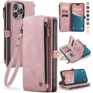 Defencase Compatible with iPhone 15 Pro Max Case Wallet with RFID Blocking Card Holder for Women Men, PU Leather Magnetic Snap Flip Zipper Strap Wallet Phone Case Fit for iPhone 15 Pro Max, Rose Pink